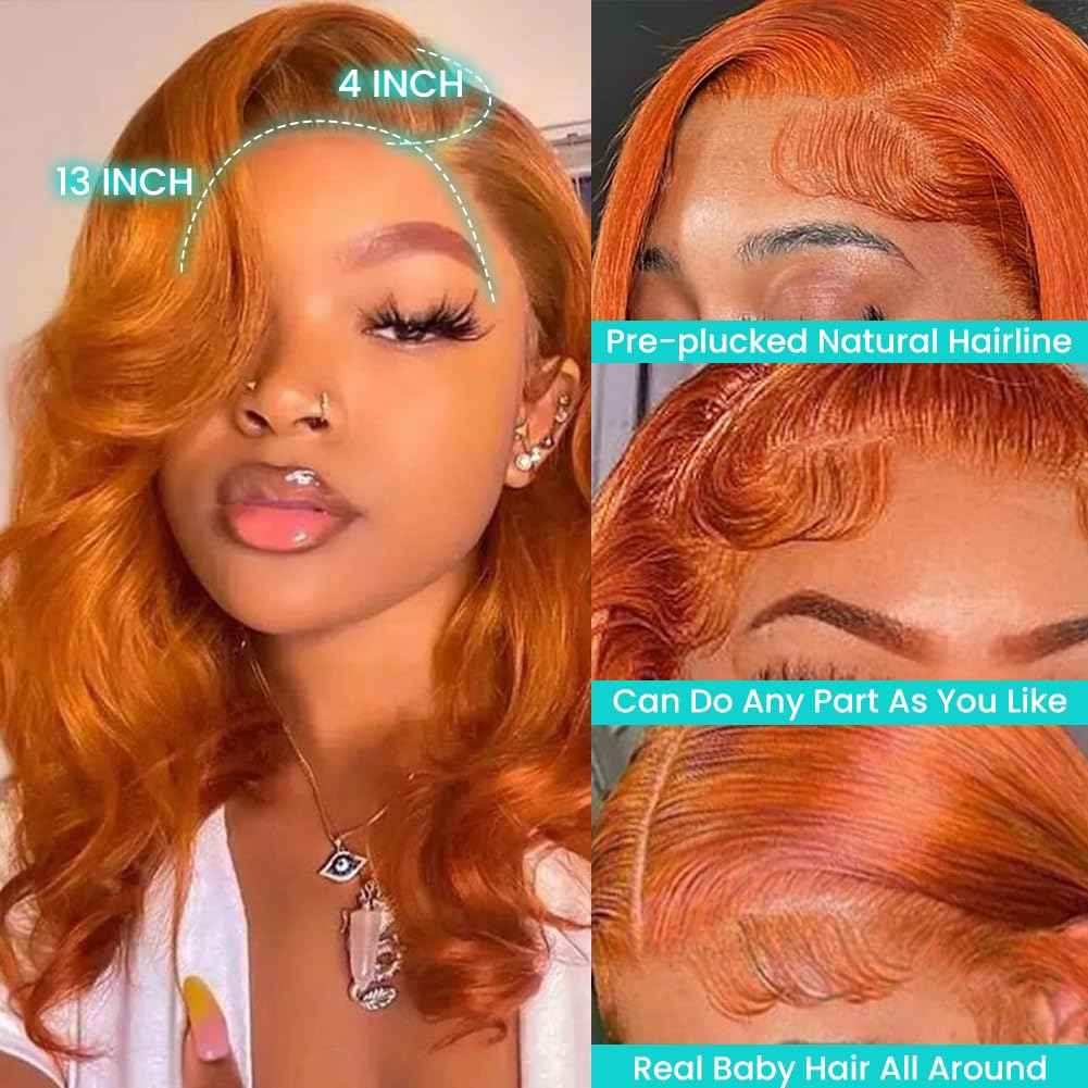350 Ginger Orange Lace Front Wigs Human Hair Pre Plucked 13x4 Transparent HD Lace Frontal Wigs with Baby Hair Body Wave Bob Wig Human Lace Front Wigs for Black Women 180% Density 16 inch