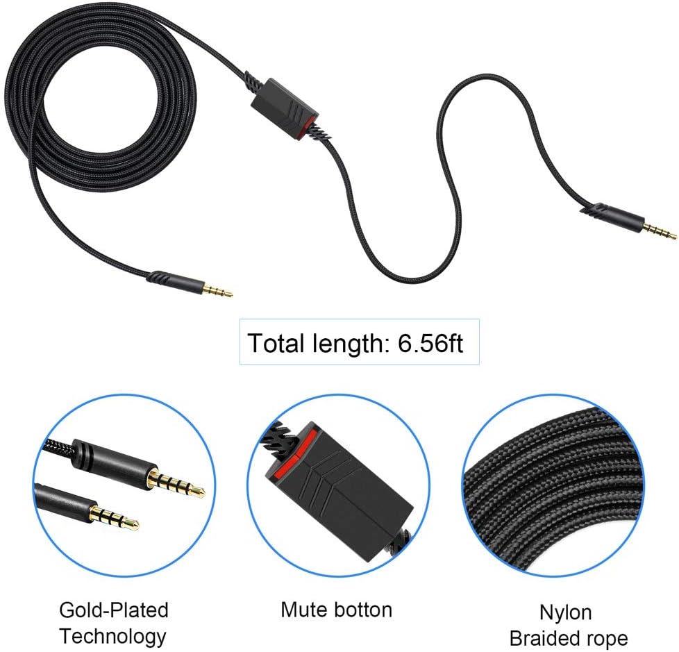2.0M Replacement Audio Cable Compatible with Astro A40 A40TR Gaming Headset, Inline Mute Wire and No Volume Control Cord (Nylone Cord)