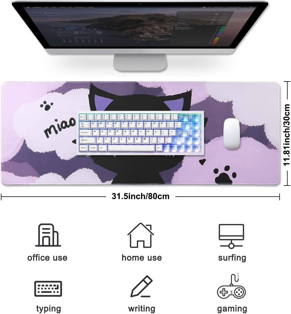 YUNZII Keynovo Gaming Mouse Pad, Large Mouse Pad, Non-Slip 4mm Laptop Gaming Desk Pad for Office and Home(Black cat, 31.49'' x 11.8'')