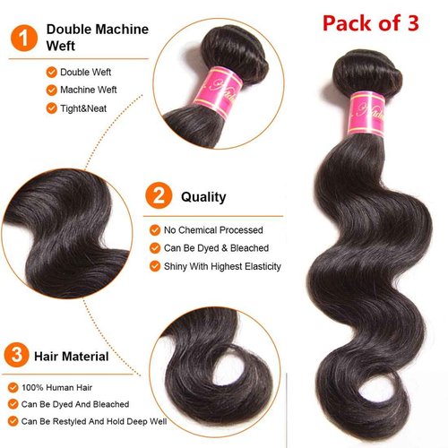 Nadula Hair 12A Brazilian Body Wave Virgin Human Hair 3 Bundles 10 12 14, 100% Unprocessed Brazilian Wavy Human Hair Weave Extensions for Black Women Natural Color
