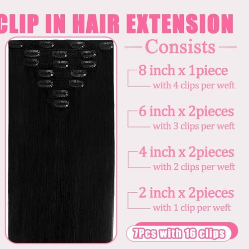 Clip in Hair Extensions Real Human Hair, #1 Jet Black Human Hair Extensions, 22 Inch 7Pcs 115g Human Hair Clip in Extensions, Double Weft Seamless Invisible Extensions Human Hair for Women