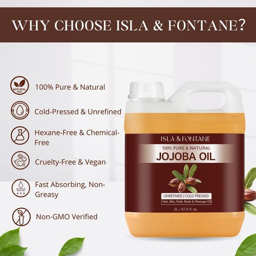 ISLA & FONTANE Jojoba Oil Set – 67.6 Fl Oz (2L) | 100% Pure & Natural | Golden, Unrefined, Cold Pressed | 2 Dropper Bottles & Massager | Hexane-Free Carrier Oil for Skin, Hair, Face, Nails & Body
