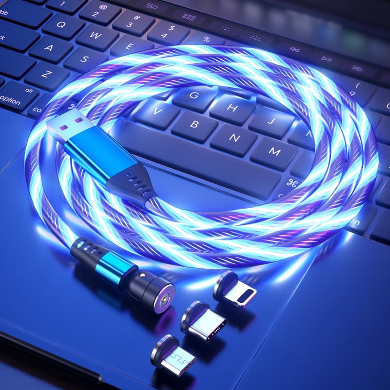 1M Luminous Blue 3-in-1 540° Rotate - Reflex Power Magnetic Charging Cable with Lightening/Micro USB & Type-C, 2.4A Fast Charge, Durable TPE, 360°/180° Rotating Magnetic Design - Blue Glow
