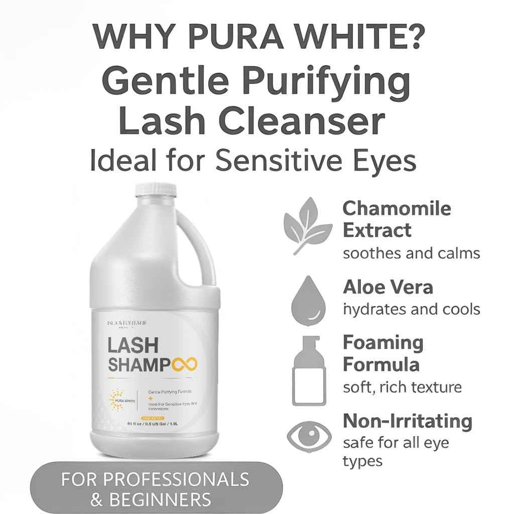 ISLA & FONTANE Lash Shampoo Bulk – Pura White 64 fl oz | Gentle Eyelash Shampoo for Extensions | Lash Foam Cleanser | Oil-Free Lash Bath for Home & Salon Use