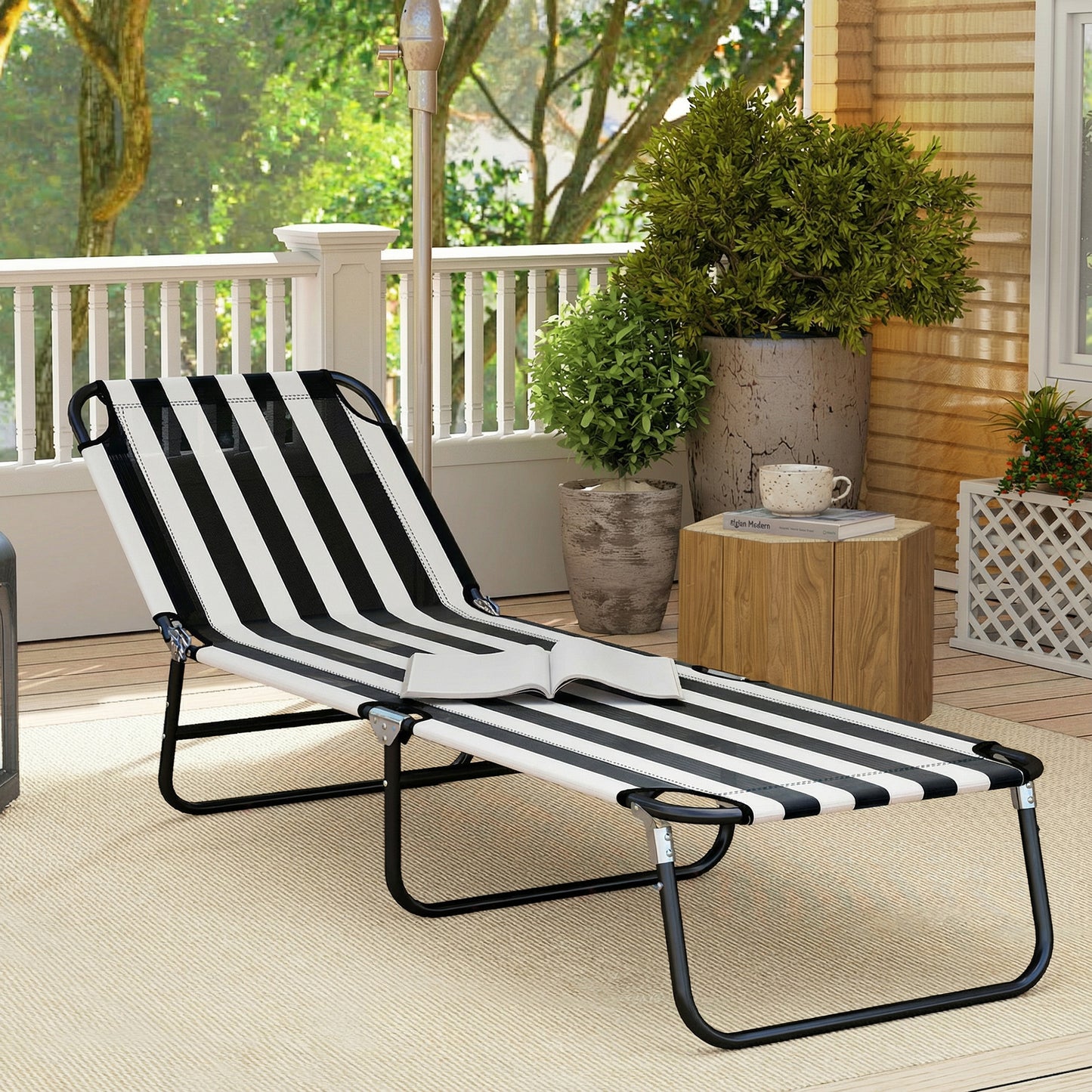 Adjustable Portable Folding Beach Lounger - Black & White