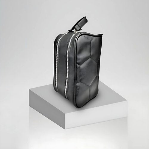 Double Zipper Toiletry Pouch in Black Faux Leather (Balr Inspired) Made in Argentina. Travel organizer - World Cup - Soccer hexagon ball design