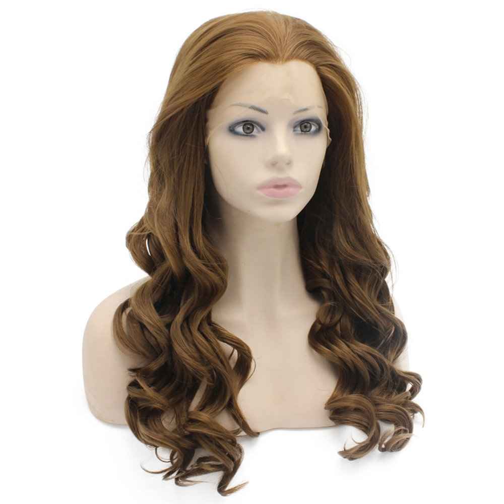 24inch Long Wavy Brown Lace Front Wig Half Hand Tied Heat Resistant Synthetic Hair Wig at Mxangel