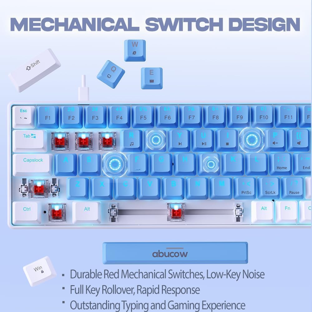 abucow 60% Wired Mechanical Keyboard – 68-Key Compact Layout, Full Anti-Ghosting, Brown Switch Swappable Red White Keycaps, for Windows/Mac