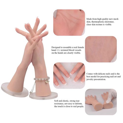 QIAOYIQIAO Silicone Realistic Female Hand Acrylic Nails Pratice Training For Nail Art Showing Jewelry Life Size Female Model Flexible Bendable (Pair Hand-Without Skeleton, Nude)