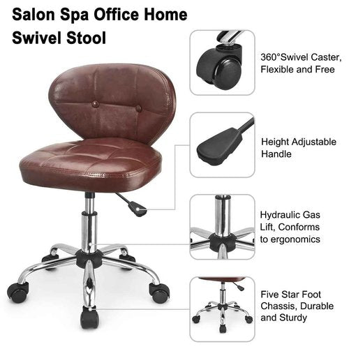 JOSTZHXIN Swivel Stool with Wheels, Rolling Chair with Back, Home Office PU Leather Rolling Stool, Height Adjustable, Massage, Brown