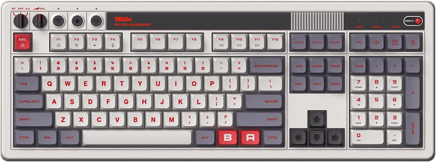 8BitDo Retro 108 Mechanical Keyboard with 108 Keys and Integrated Numpad, Bluetooth/2.4G/USB-C Hot Swappable Wireless Gaming Keyboard for Windows and Android - Fami Edition