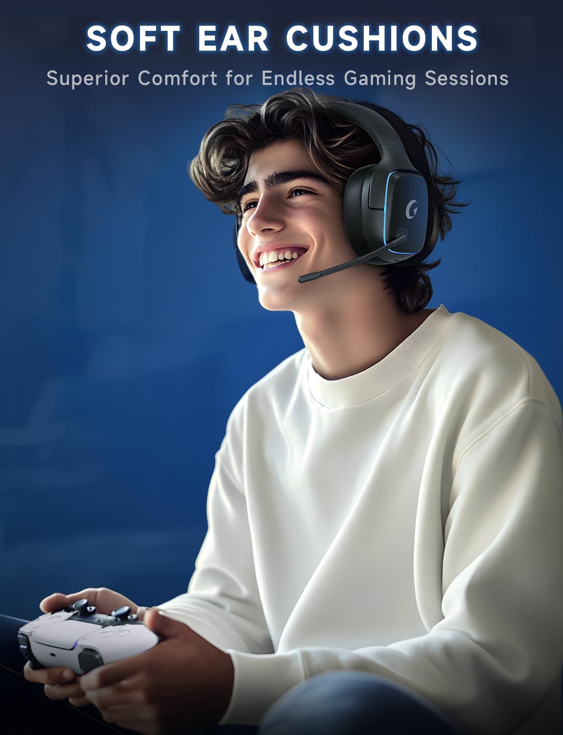 2.4GHz Wireless Gaming Headsets for PS5, PS4, PC, Switch - Bluetooth 5.3 Gaming Headphones with Noise Canceling Mic, 7.1 Surround Sound, 70H Battery, Blue Lighting - White