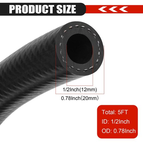 1/2 Inch (12mm) ID Fuel Line Hose 5FT NBR Rubber Push Lock Hose High Pressure 300PSI for Automotive Fuel Systems Engines