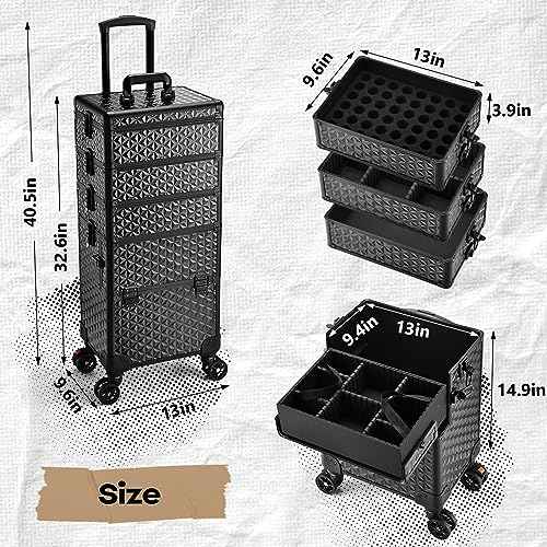 5 in 1 Makeup Train Case, Cosmetology Case on Wheels Travel Make up Case Rolling Nail Cart Makeup Organizer Cosmetic Storage Box Cases Extra Large Trolley Truck with 360¡Æ Swivel Wheels, Black