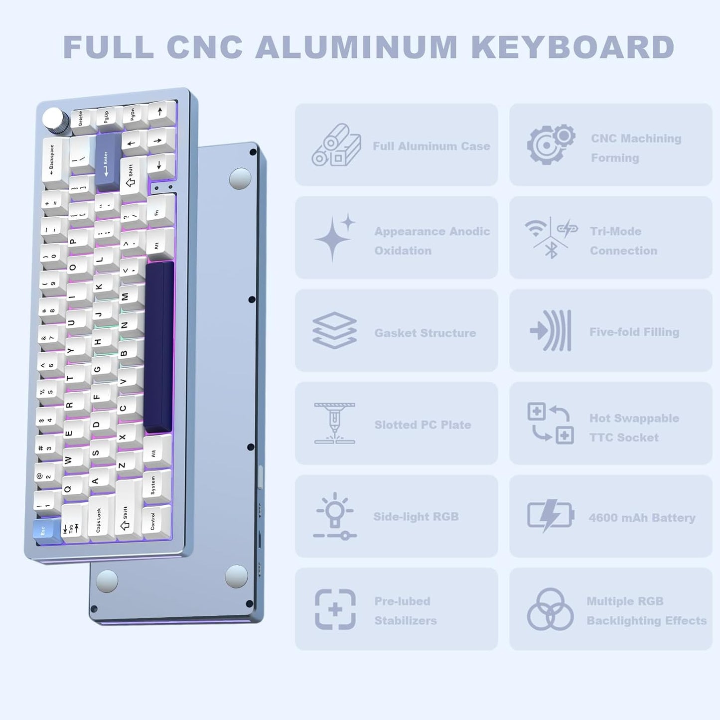 YUNZII AL66 Wireless Mechanical Keyboard for Win/Mac(Milk Switch, Blue), Coffee Cat Dye Sub PBT Keycaps(Cherry Profile, Coffee Cat)