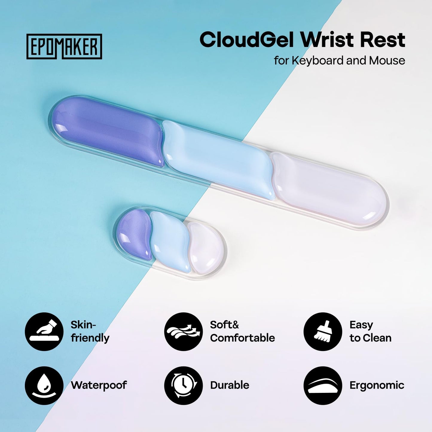 EPOMAKER CloudGel Wrist Rest for Keyboard and Mouse, 2 Pieces Gel Wrist Support, Anti-Slip Rubber Bottom, Ergonomic Design, Suitable for Office/Computer/Laptop/Gaming (Blue)