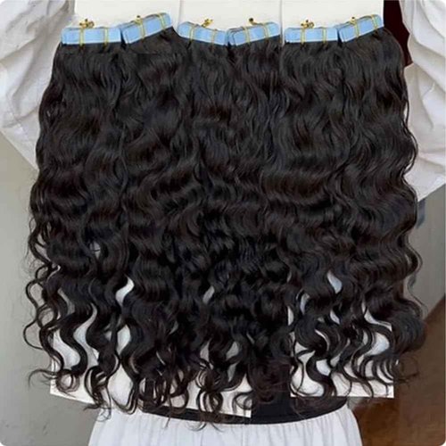 Tape in Hair Extensions Natural Wavy Real Human Hair 24inch Nautural Black Water Wave Brazilian Remy Human Hair Natural Color Tape on Human Hair Extensions 40pcs 100g #1B