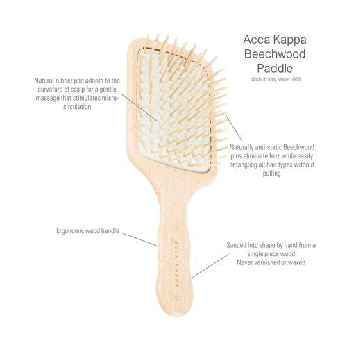 ACCA KAPPA Natural Paddle Hair Brush Travel Size Wooden Pins Beechwood Anti-Static Scalp-Massage Detangler