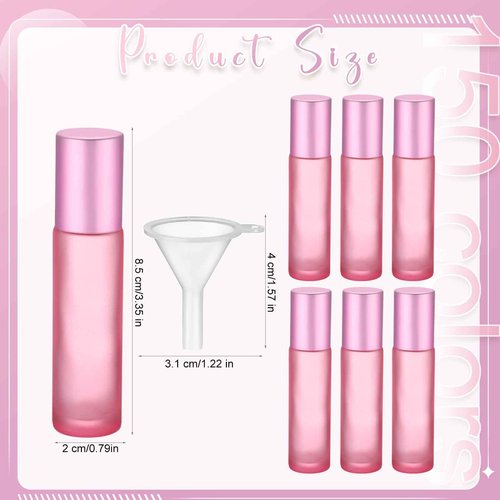 Sumind 150 Pcs Frosted Glass Roller Bottles Essential Oil 10 ml Empty Roll on Bottles with Stainless Steel Balls Leak Proof with 5 Funnel for Travel Essential Oil Perfume(Frosted Pink)
