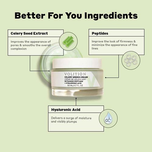 Volition Beauty Celery Green Cream with Peptides + Hyaluronic Acid | Oil-Free Facial Moisturizer for Normal to Combination Skin | Minimizes Pores, Improves Firmness & Reduces Wrinkles (1.7 fl oz)