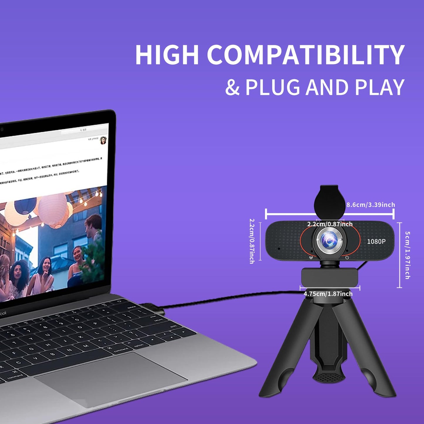 1080P HD Webcam with Microphone, Wide-Angle Lens, Auto Light Correction, Plug Play USB Web Cam with Tripod, Stand, External Camera for Laptop, Desktop Computer, PC, Mac, Zoom, Skype, Streaming, Gaming