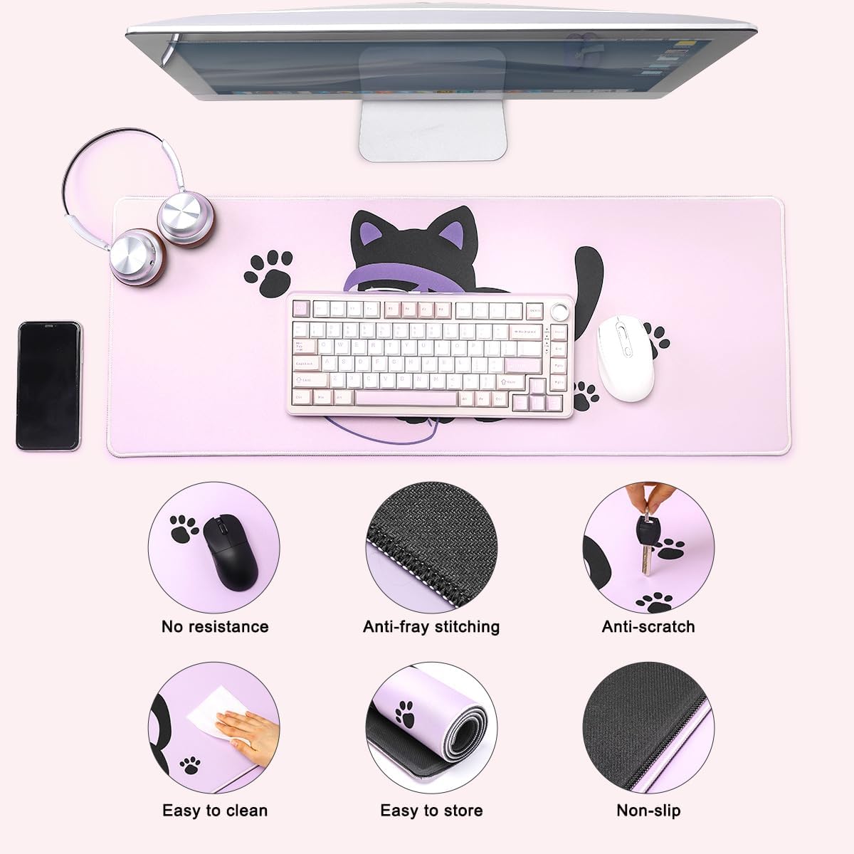 YUNZII Keynovo Gaming Mouse Pad, Large Mouse Pad, Non-Slip 4mm Laptop Gaming Desk Pad for Office and Home(Naughty cat, 31.49'' x 11.8'')