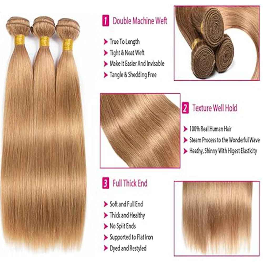 27# Blonde Human Hair Bundles Blonde 28 30 32 Inch Straight Honey Blonde 27 Color Blonde Bundles Human Hair Unprocessed Brazilian Virgin Hair Quick Weave Hair for Black Women