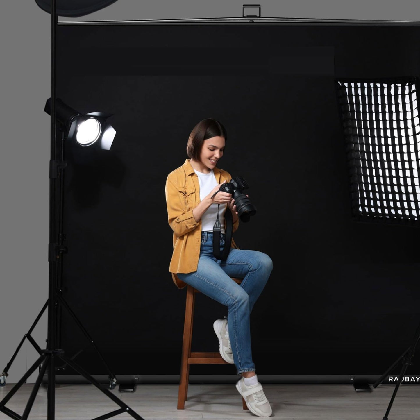 【Wider Style】 RAUBAY 78.7 x 82.7in Large Collapsible Black Backdrop Screen Portable Retractable Panel Photo Background with Stand for Video Conference, Photographic Studio, Streaming