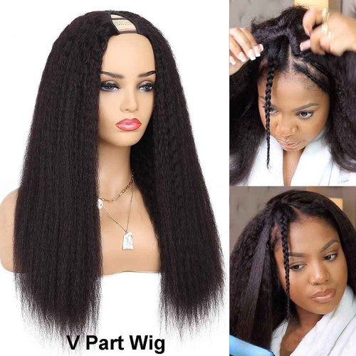 OLFORY V Part Wig Human Hair Wigs for Black Women Kinky Straight V Part Wig 12A Virgin Hair Half Wigs for Women No Lace Upgrade U Part Human Hair Wigs Full Head Clip in Half Wig V Shape Wigs (20inch)