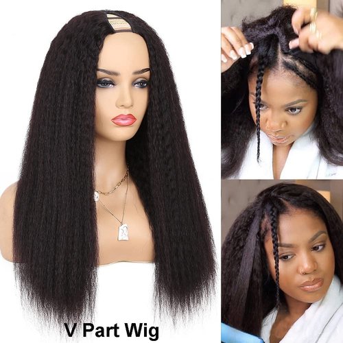 OLFORY V Part Wig Human Hair Wigs for Black Women Kinky Straight V Part Wig 12A Virgin Hair Half Wigs for Women No Lace Upgrade U Part Human Hair Wigs Full Head Clip in Half Wig V Shape Wigs (18inch)