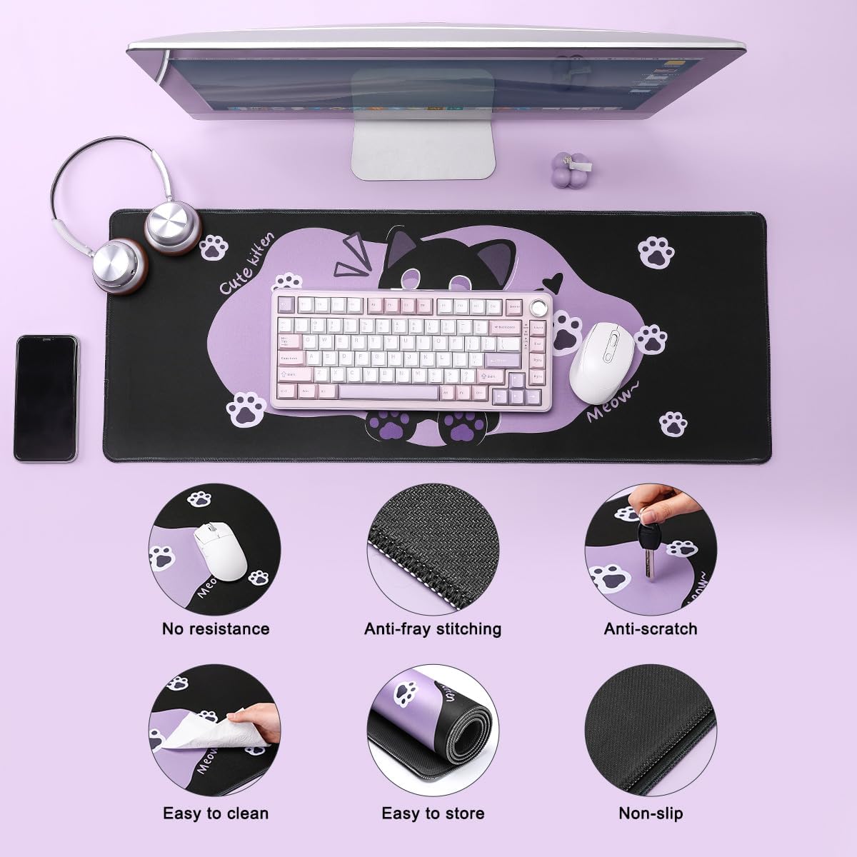 YUNZII Keynovo Gaming Mouse Pad, Large Mouse Pad, Non-Slip 4mm Laptop Gaming Desk Pad,Waterproof Desk Pad for Gaming, Office and Home (Sweet cat, 31.49'' x 11.8'')
