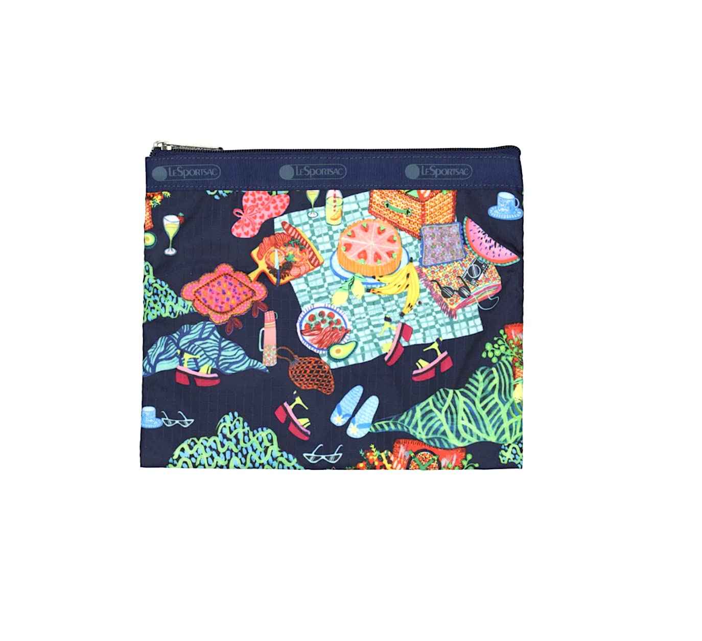 LeSportsac Painted Picnic Deluxe Everyday Crossbody Bag + Cosmetic Bag, Style 7507/Color E539, Endless Summer Fun, Vibrant Colorful Picnic, Sunkissed Fruits, Sweet Treats, Relaxing Alfresco