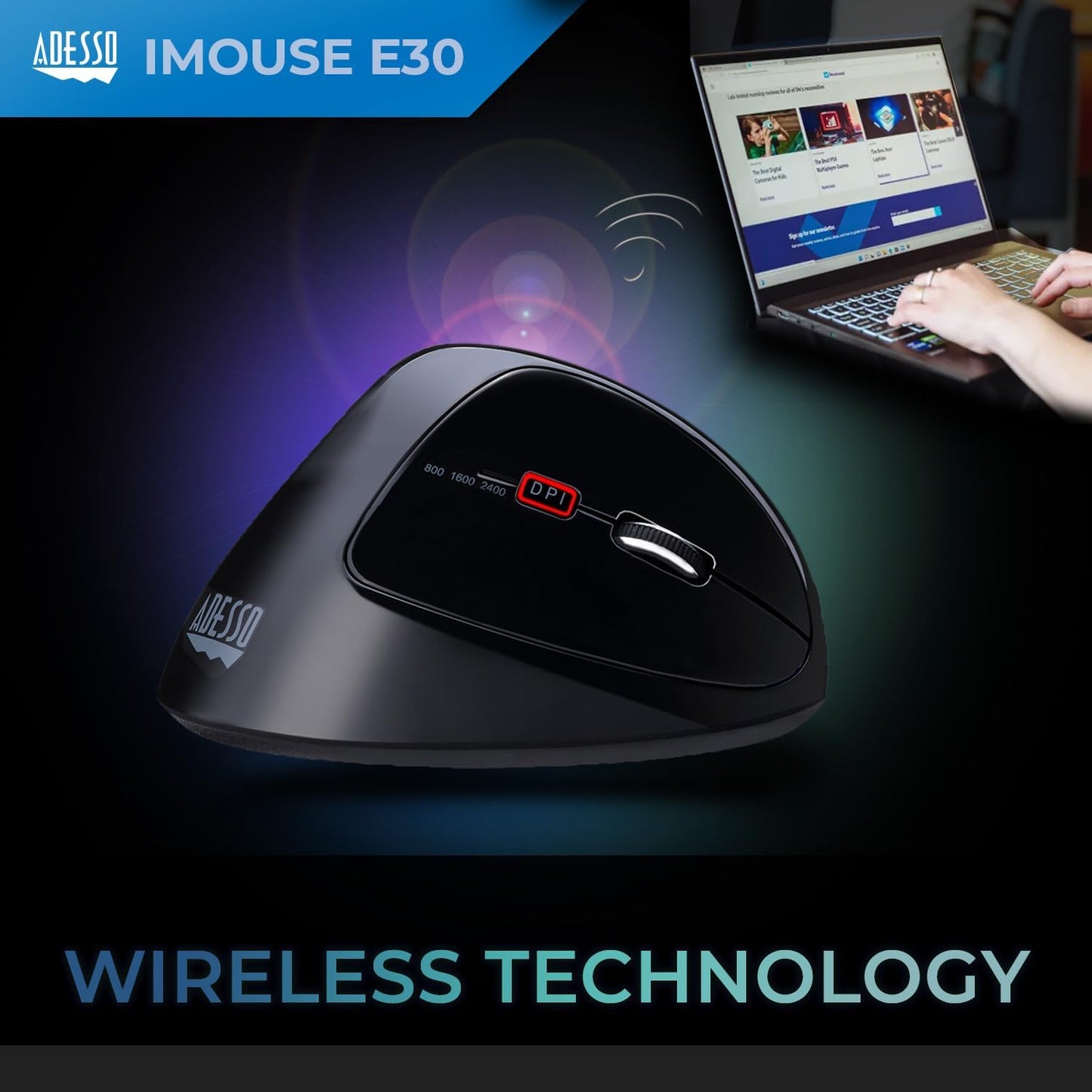 Adesso iMouse E30 2.4GHz Wireless Ergonomic Vertical Mouse Adjustable DPI Programmable Driver Optical Sensor Right Handed