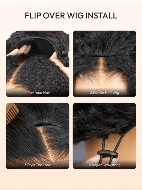 Nadula Afro Kinky Curly Half Wig Human Hair 16 Inch - Glueless Drawstring Wig with 4C Blend Edges, No Leave Out Wear and Go, Natural Look Flip Over Style, Beginner Friendly & Ready to Go Half Wig