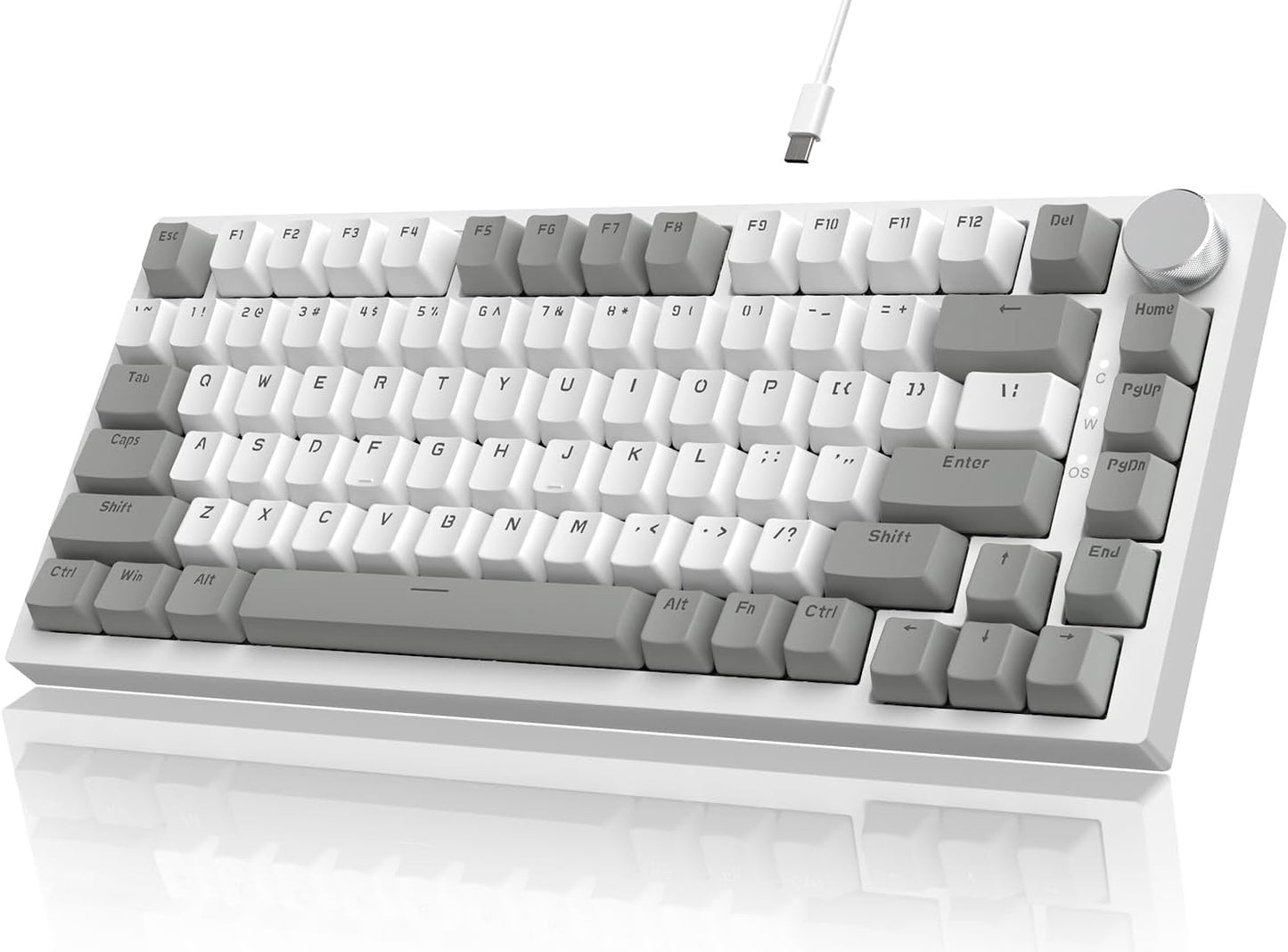 Attack Shark ajazz AK820 Wired Mechanical Gaming Keyboard with Volume Knob Hot Swappable 75% Gasket Keyboard 5-Layer Noise Absorbing Foam PBT Keycap Ice Blue Backlit Blue Switch for PC/Win/Mac-White