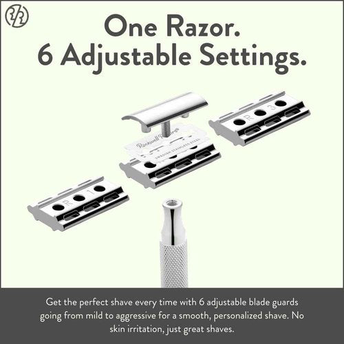 ROCKWELL RAZORS 6C White Chrome Safety Razor for Sensitive Skin. Reduces Razor Burn and Irritation. Comes with 6 Adjustable Shave Settings and 5 Recyclable Blades. Reusable Razor for Men and Women