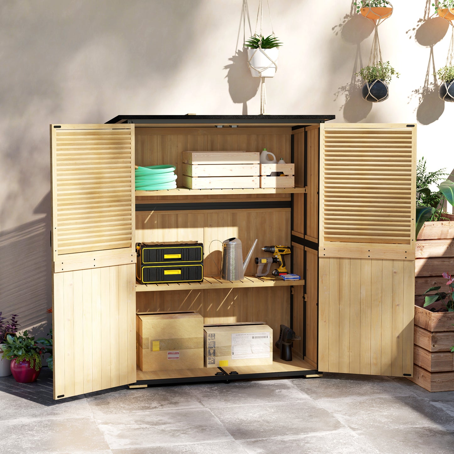 Wood Storage Shed, Outdoor Garden Shed With Asphalt Roof, 2 Shelves,