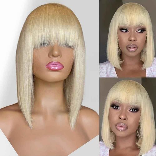 613 Blonde Bob Wig with Bangs Human Hair Realistic HD Lace on Top Straight 613 Wigs for Black Women 10 Inch Ready to Go Blunt Cut Glueless Bob Wig 150% Density Middle Parting
