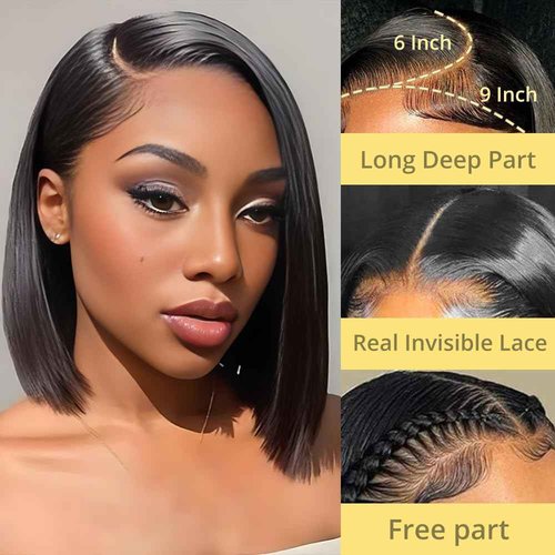 GUDOZO Bob Wig Human Hair 14 inch Glueless Wigs Human Hair Pre Plucked Pre Cut 9x6 HD Lace Front 200% Density Glueless Wigs Human Hair Short Straight Bob Wigs for Black Women