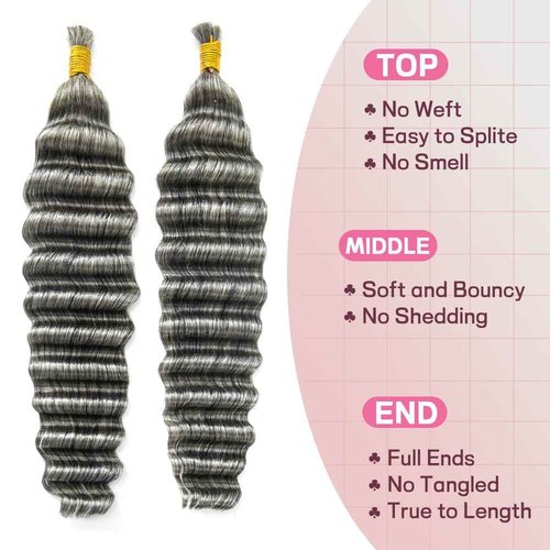 KRN Grey Deep Wave Bulk Human Braiding Hair 2 Bundles/Pack 100g Curly for Boho Braids 12A Salt And Pepper No Weft Wet and Wavy Gray 18Inch