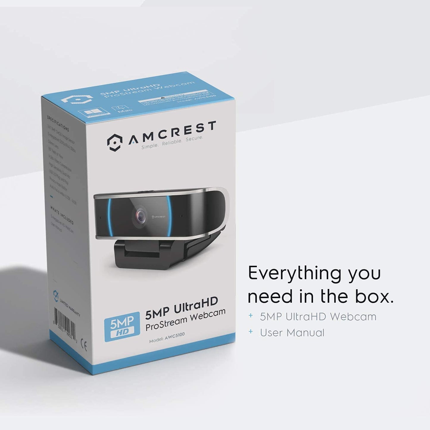 Amcrest 5-Megapixel Webcam with Microphone, Web Cam USB Camera, Computer HD Streaming Webcam for PC Desktop & Laptop w/Mic, Wide Angle Lens & Large Sensor for Superior Low Light (AWC5100)