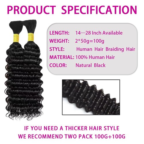 Human Braiding Hair 100g 2 Bundles 24 Inch Deep Wave Bulk Human Hair for Braiding No Weft Bundle 12A Brazilian Virgin Curly Human Hair Extensions for Boho Braids Wet and Wavy Human Hair Braiding Hair