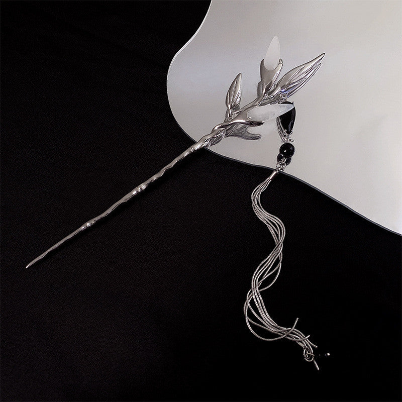 Silver Bamboo Leaf Hairpin with Tassel