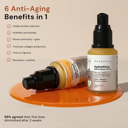 MAXDAHLIA HydroFlora Barrier Repair Face Oil Gel– Anti-Aging Moisturizer for Deep Hydration & Skin Barrier Support with Abyssinian, Babassu & Bakuchiol | Lightweight, Non-Greasy Facial Oil