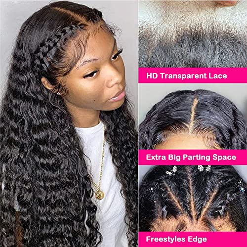 Water Wave 13x6 HD Transparent Lace Front Wigs Human Hair Pre Plucked Deep Wave Glueless Wigs Human Hair 180% Denisty Lace Frontal Wigs Human Hair for Women Natural Black Color 22 Inch