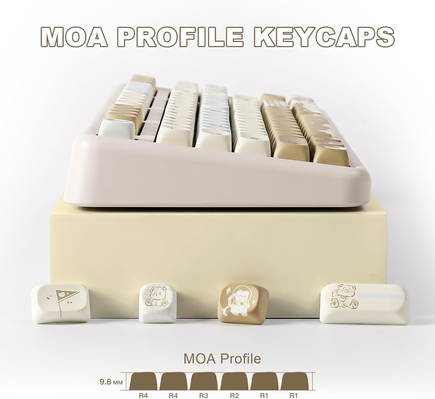 YUNZII 132 Keys MOA Keycaps, Dye-Sublimation PBT Custom Keycap Set for MOA Profile, Cute Bear Customized Pattern Keycaps for MX Switches Mechanical Gaming Keyboard (Purple)