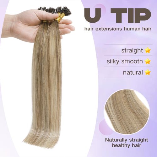 Sindra Keratin Nail Extension Tips Real Human Hair Balayage Darker Brown to Highlighted Blonde 18inch 50 Strand 50G Prebonded Fusion U Tip Hair Extensions Human Hair(Utip#3/8/22-18inch)