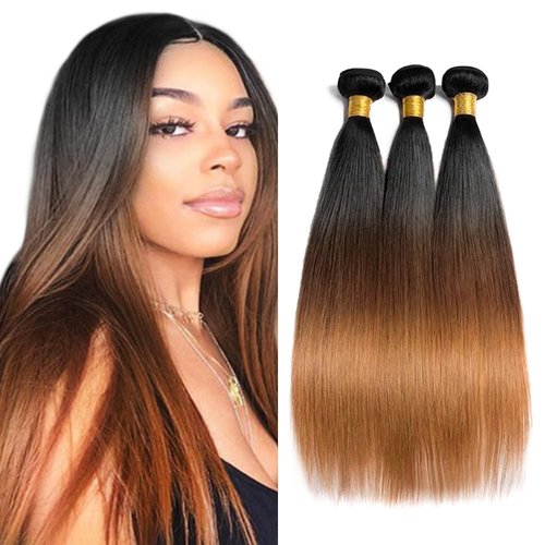 Habiliana Bundles Human Hair 20 22 24 Inch Straight Wave Human Hair Bundles T1B/4/30 Omber Natural Chocolate Brown 11A Unprocessed Brazilian Virgin Quick Weave Hair Extensions for Black Women