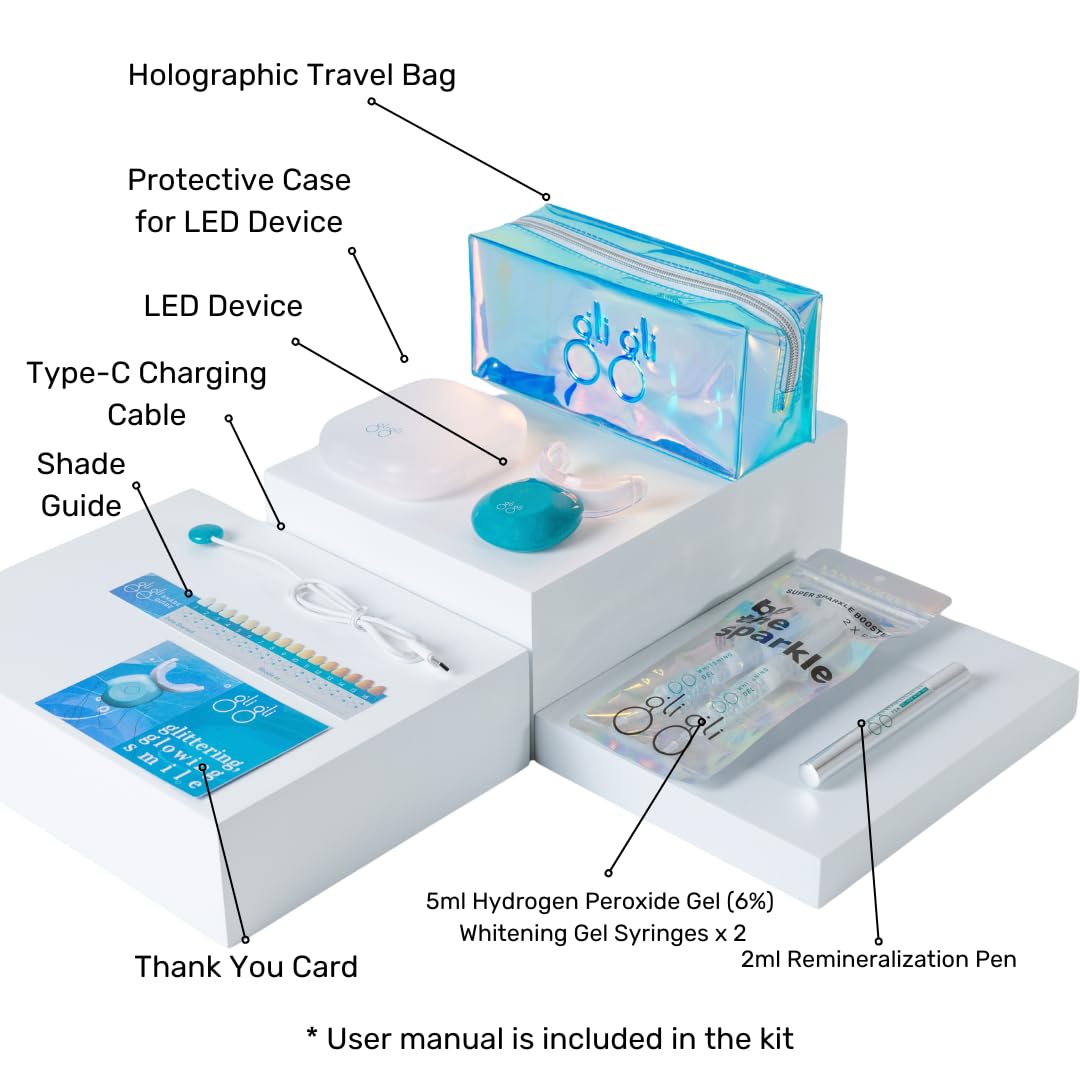gli gli Super Sparkle Booster Teeth Whitening Kit - 2 x 5ml Hydrogen Peroxide 6% Whitening Gel Syringes - Includes Rechargeable LED Whitening Device & Remineralization Pen - 10 to 15 Days Treatment