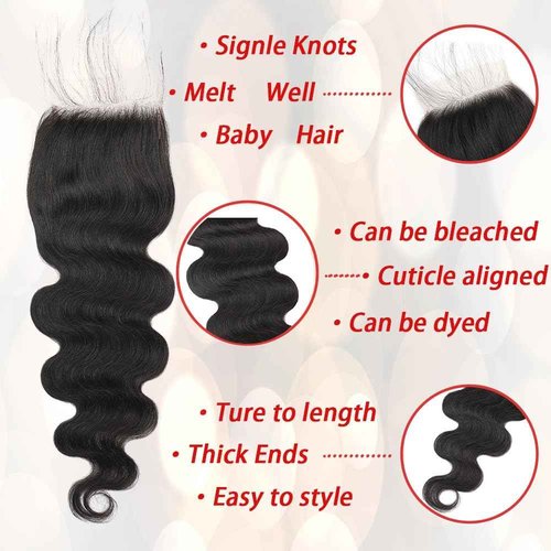 HD Lace Closure 24 Inch Body Wave 5x5 Human Hair Closure for Black Women 100% Human Hair 5x5 Lace Closure Can be Curly and Dyed With Baby Hair (24 Inch, 5x5 Black)
